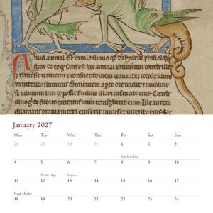 January 2027 page from The Antiquary medieval bestiary calendar
